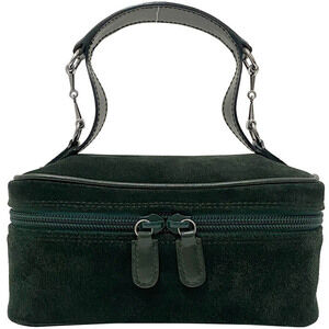 Gucci Vanity Bag Green Silver Horsebit Suede Handbag Zipper Clutch Leather Logo